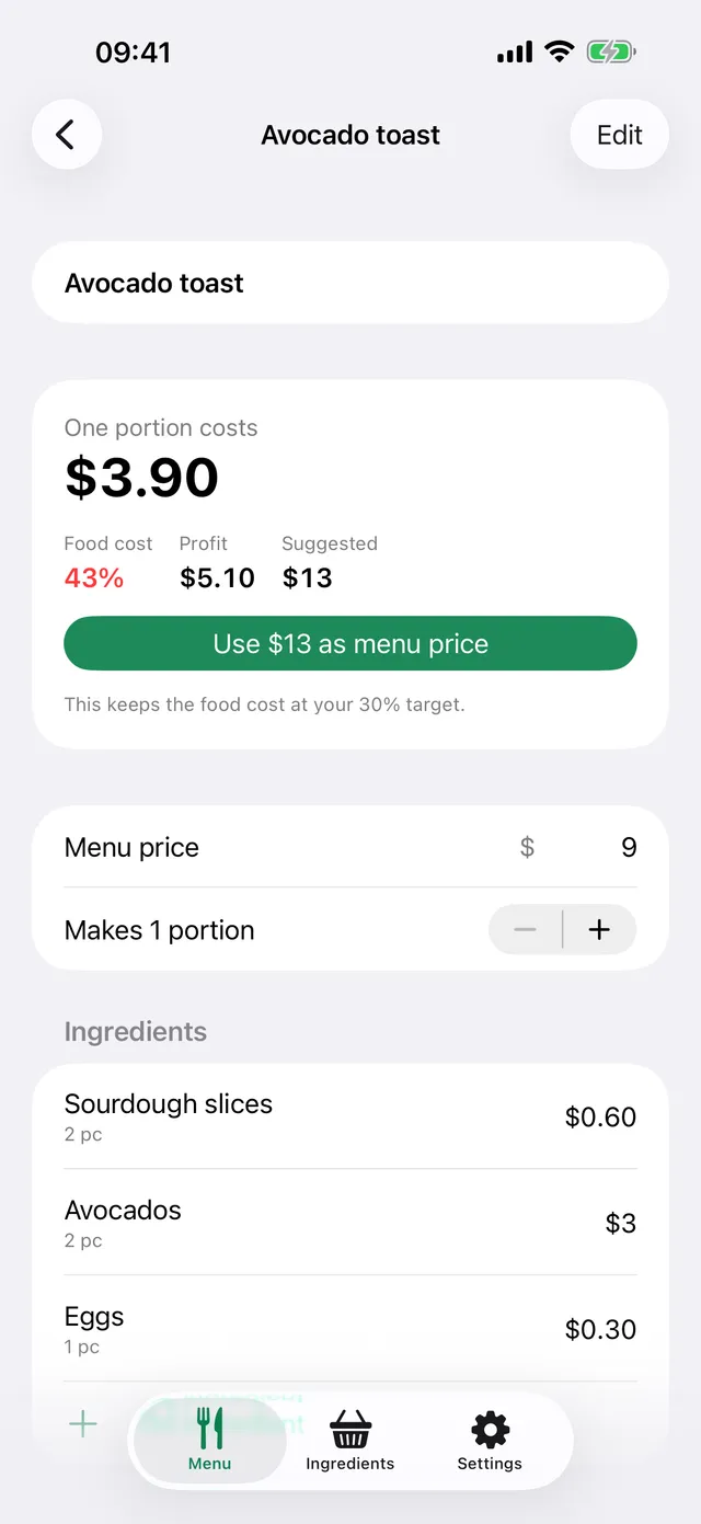 Recipe screen with ingredients and cost per portion