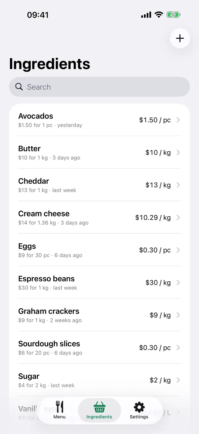 Ingredient list with pack prices and units
