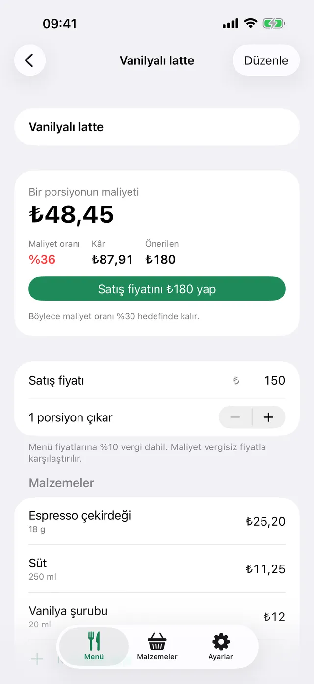Tarif ekranı, malzemeler ve porsiyon başı maliyet