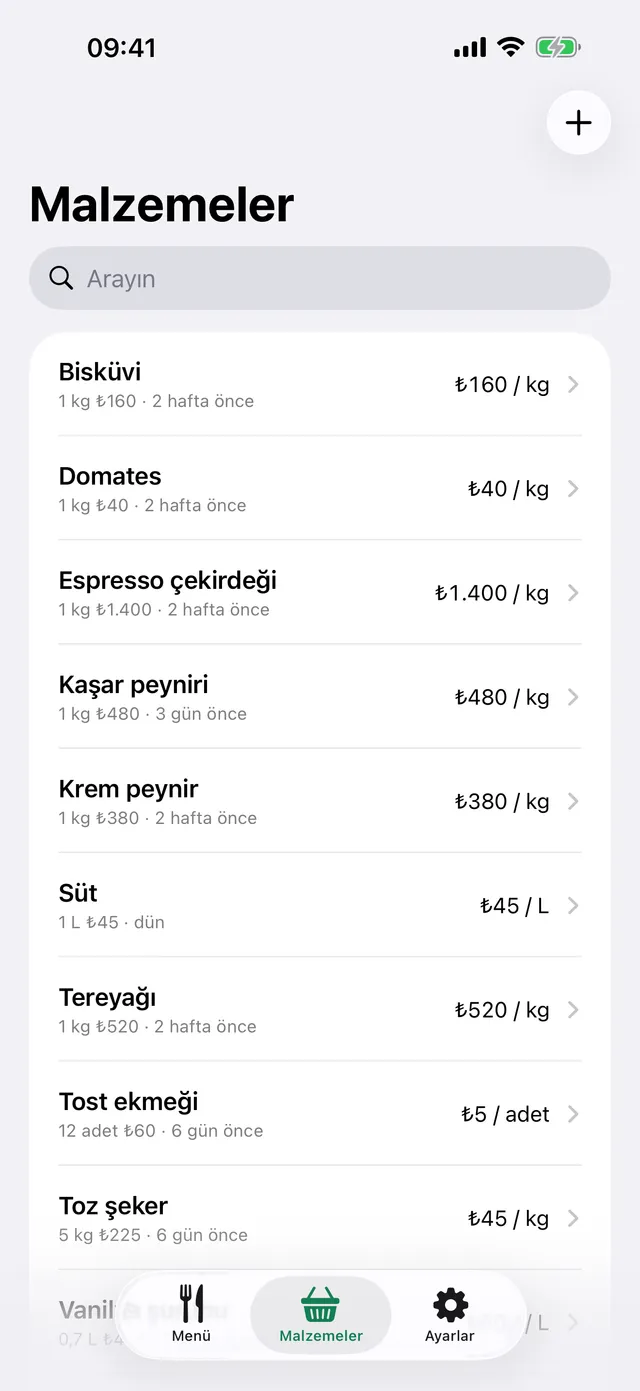 Malzeme listesi, paket fiyatları ve birimler