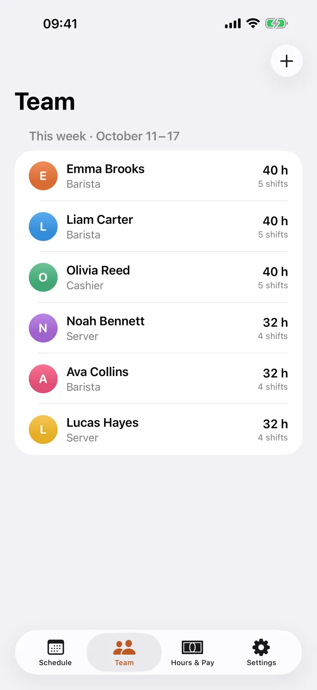 Team list with roles and hourly rates